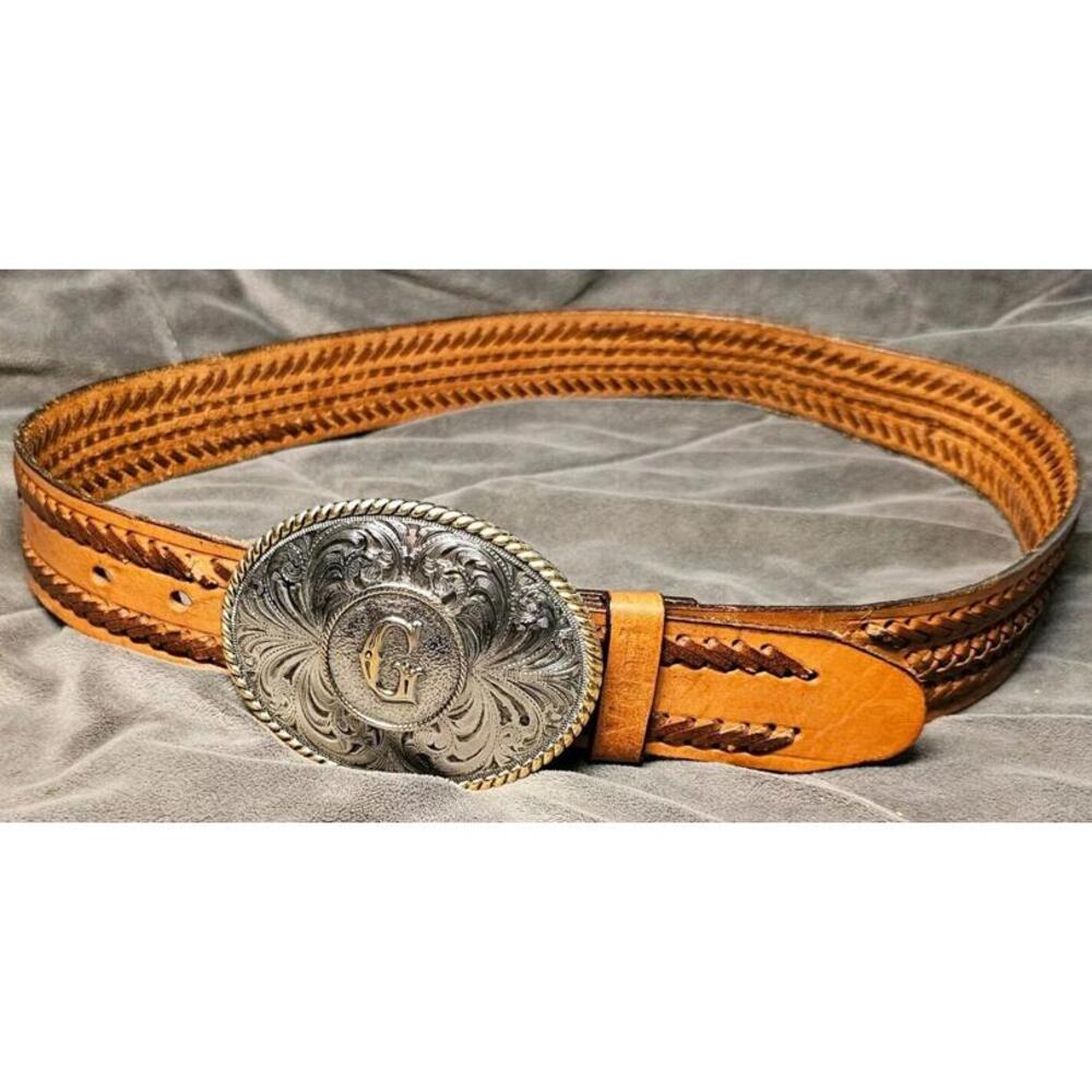 Veari Belt 2 Tone Stitched Handmade Silver & Goldtone Scrolled "G" Buckle Mexico
